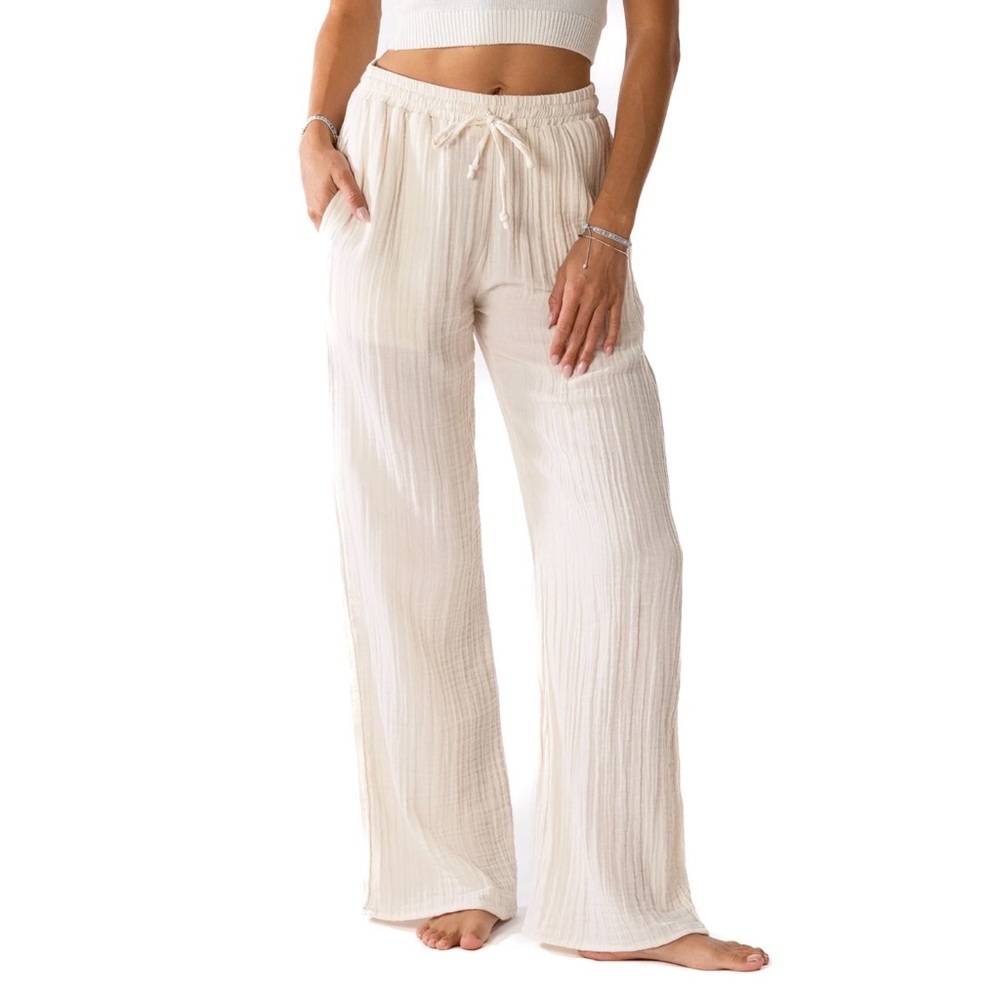 NWT 2Bella Lightweight Cream Wide-Leg Drawstring Pants